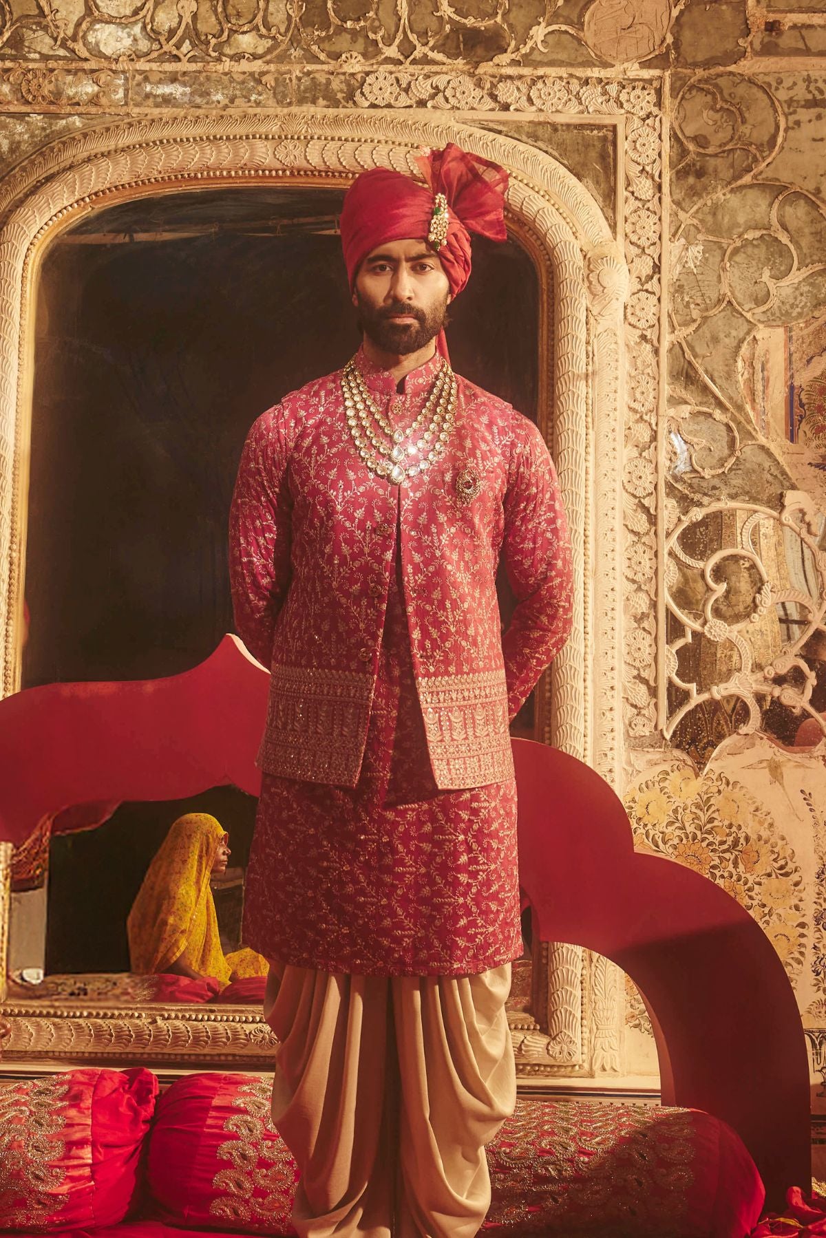 Mehroon Satin Silk Embroidered Koti Kurta Set for Men