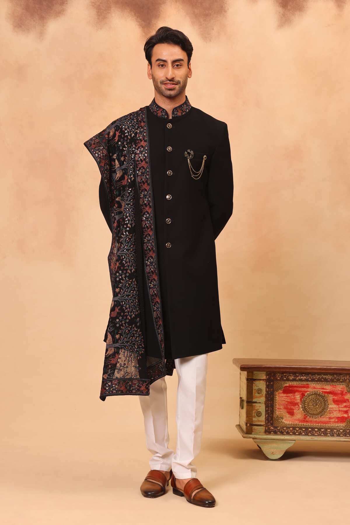 Black Sherwani Set with Dupatta