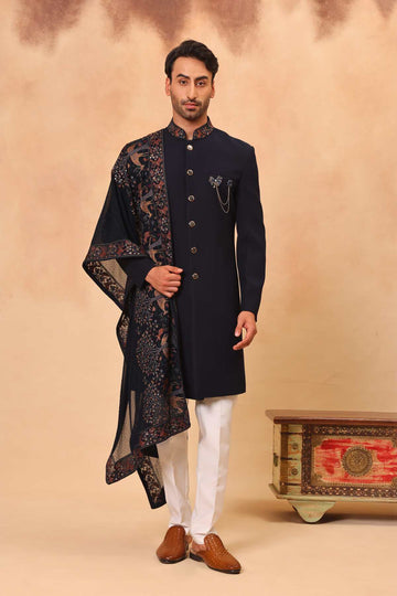 Navy Blue Sherwani Set with Dupatta