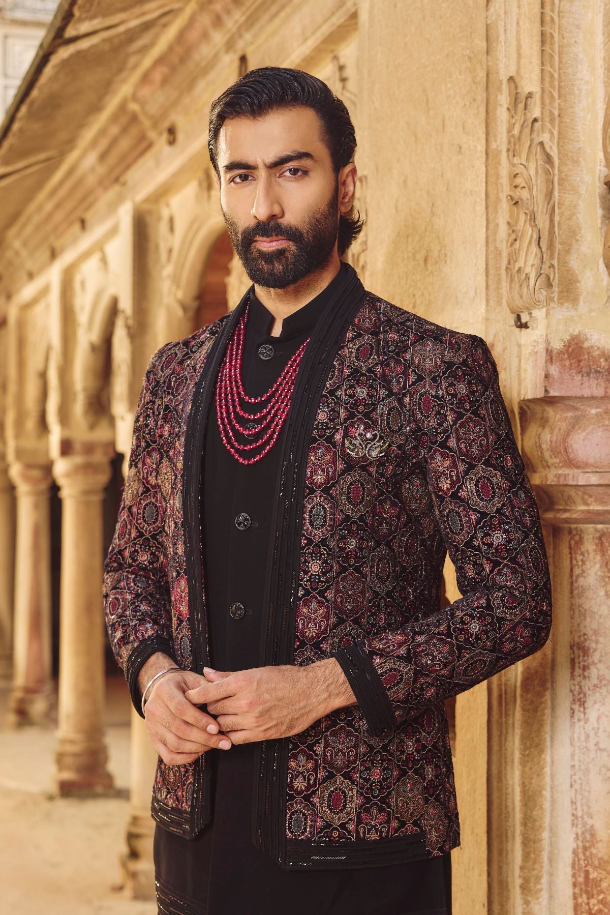 Black Velvet Embroidered Front Open Jacket Set for Men
