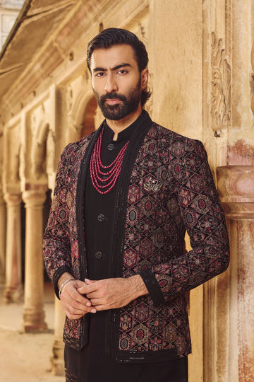 Black Velvet Embroidered Front Open Jacket Set for Men