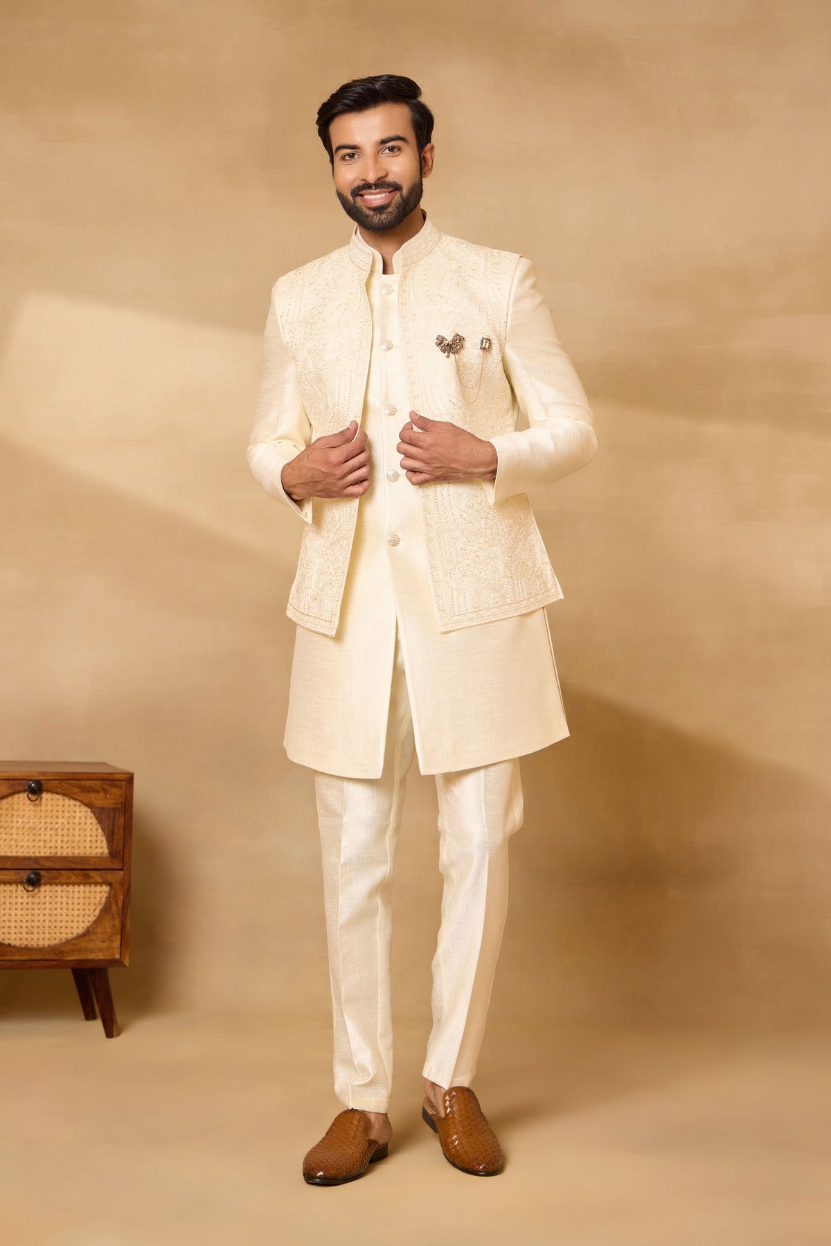 Cream Embroidered Nehru Jacket Set