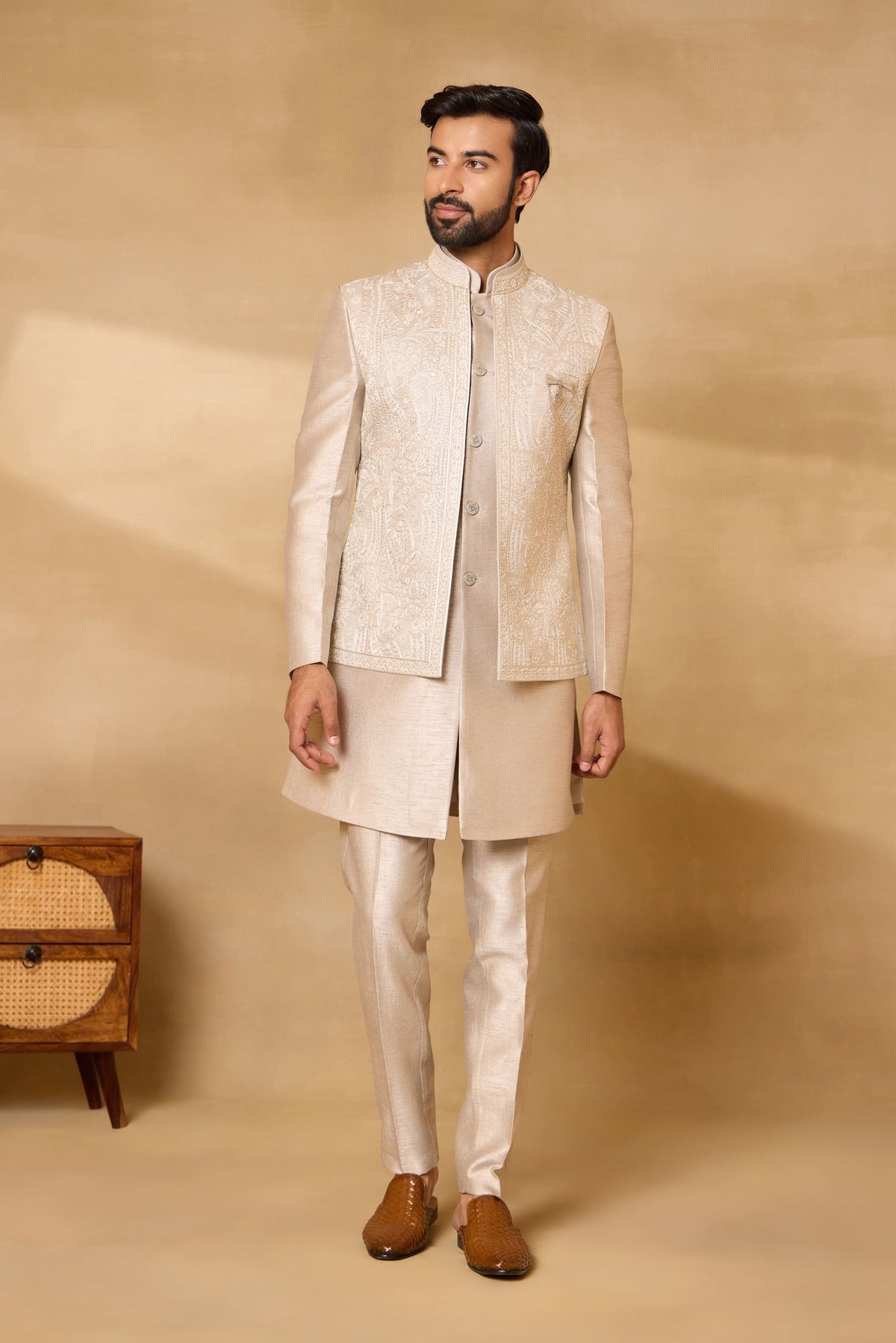 Natural Grey Embroidered Nehru Jacket Set