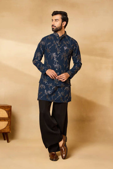 Navy Blue Embroidered Nehru Jacket Set with Bellbottoms