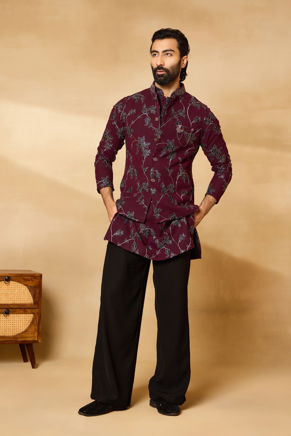 Wine Embroidered Nehru Jacket Set with Wide Pants