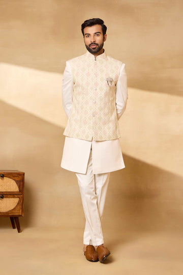 Cream Satin Silk Embroidered Nehru Jacket Set