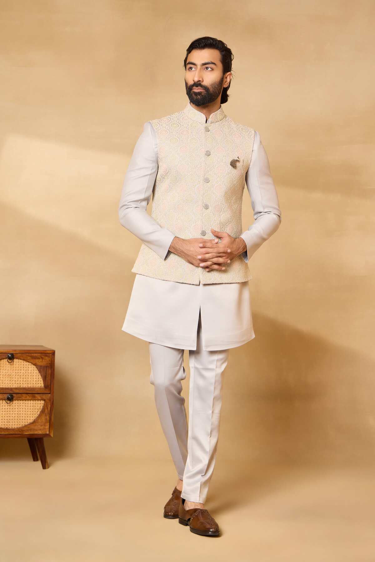 Grey Satin Silk Embroidered Nehru Jacket Set