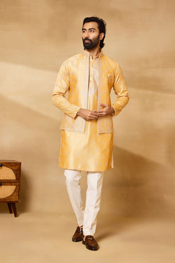 Haldi Fire Silk Nehru Jacket Set with Embroidered Kurta