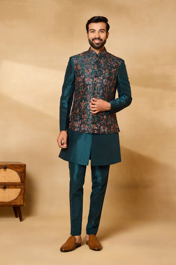 Rama Green Multi Thread Embroidered Nehru Jacket Set