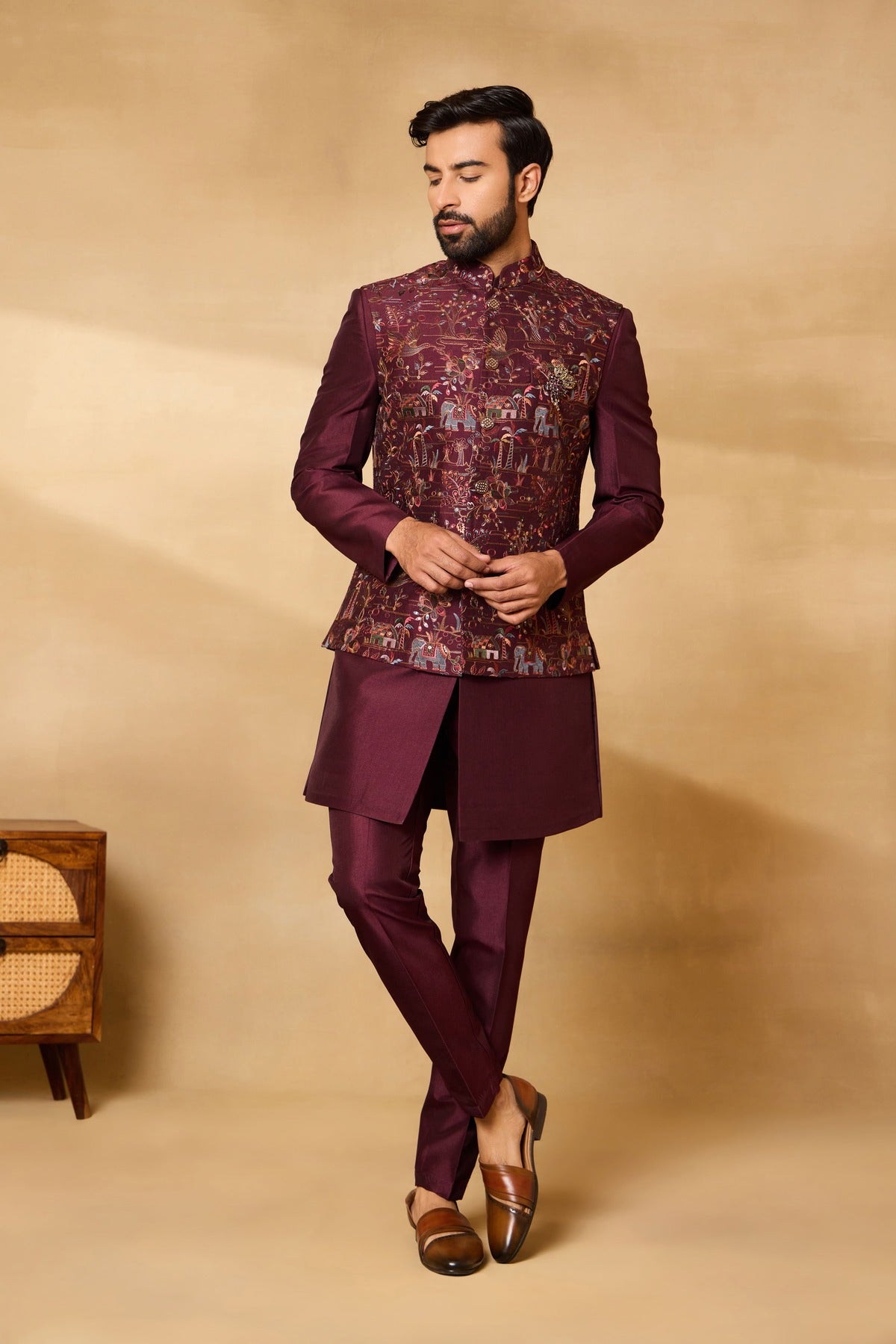 Wine Multi Thread Embroidered Nehru Jacket Set