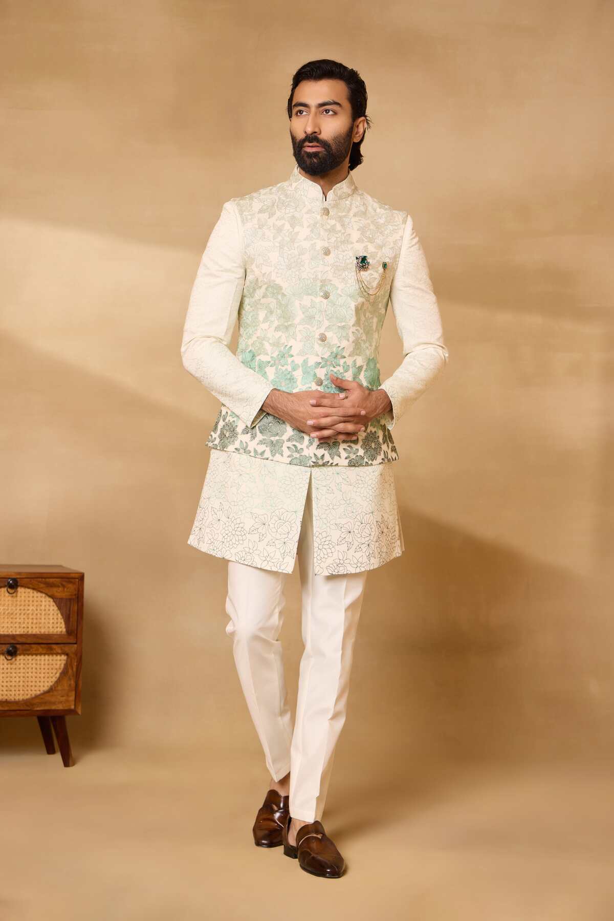 Ombre Green Embroidered Nehru Jacket Set