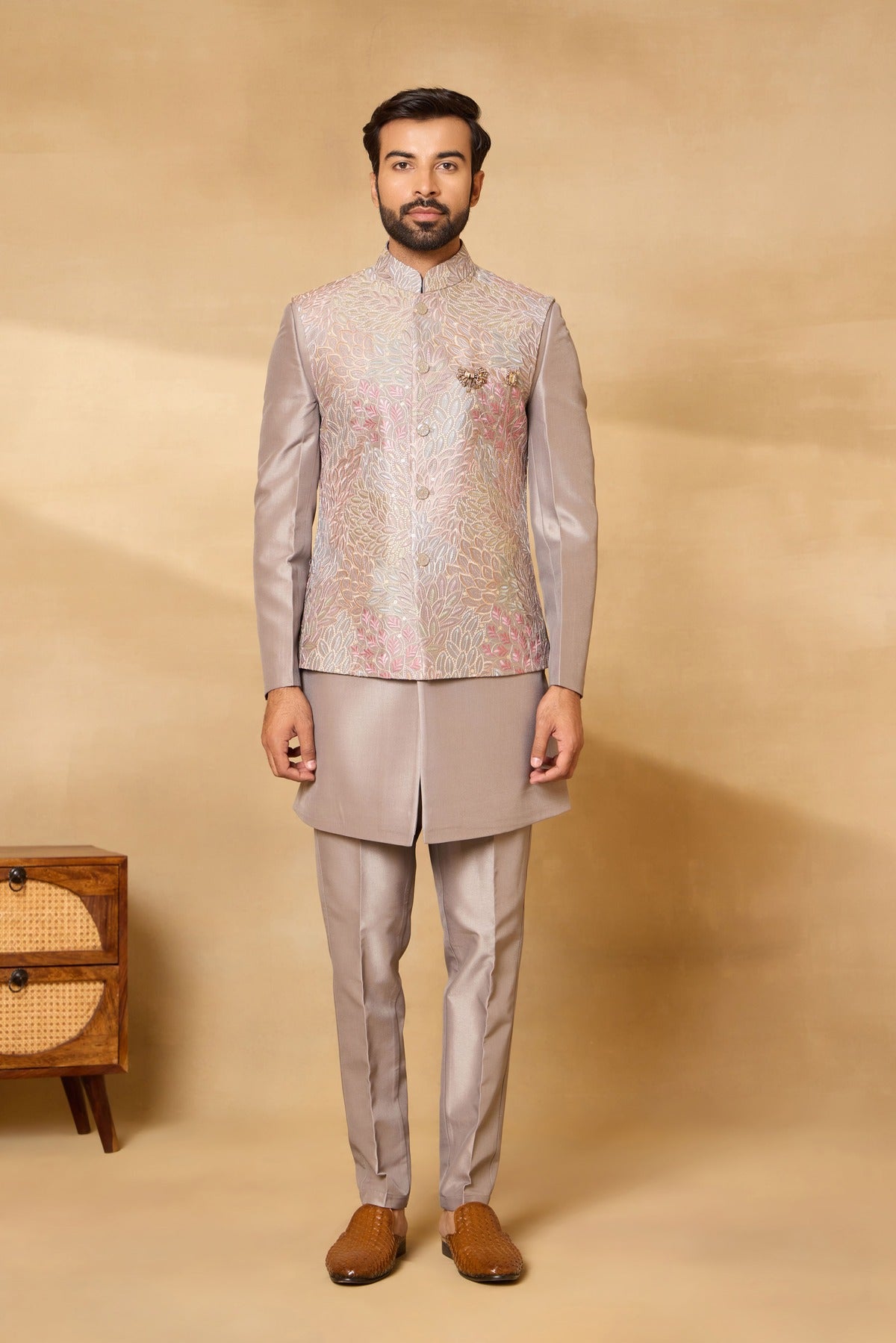 Natural Grey Multi Thread Embroidered Nehru Jacket Set