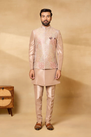 Champagne Pink Multi Thread Embroidered Nehru Jacket Set