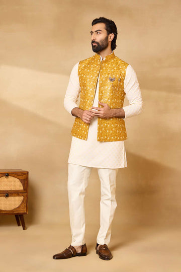 Haldi Embroidered Nehru Jacket Set with Embroidered Kurta