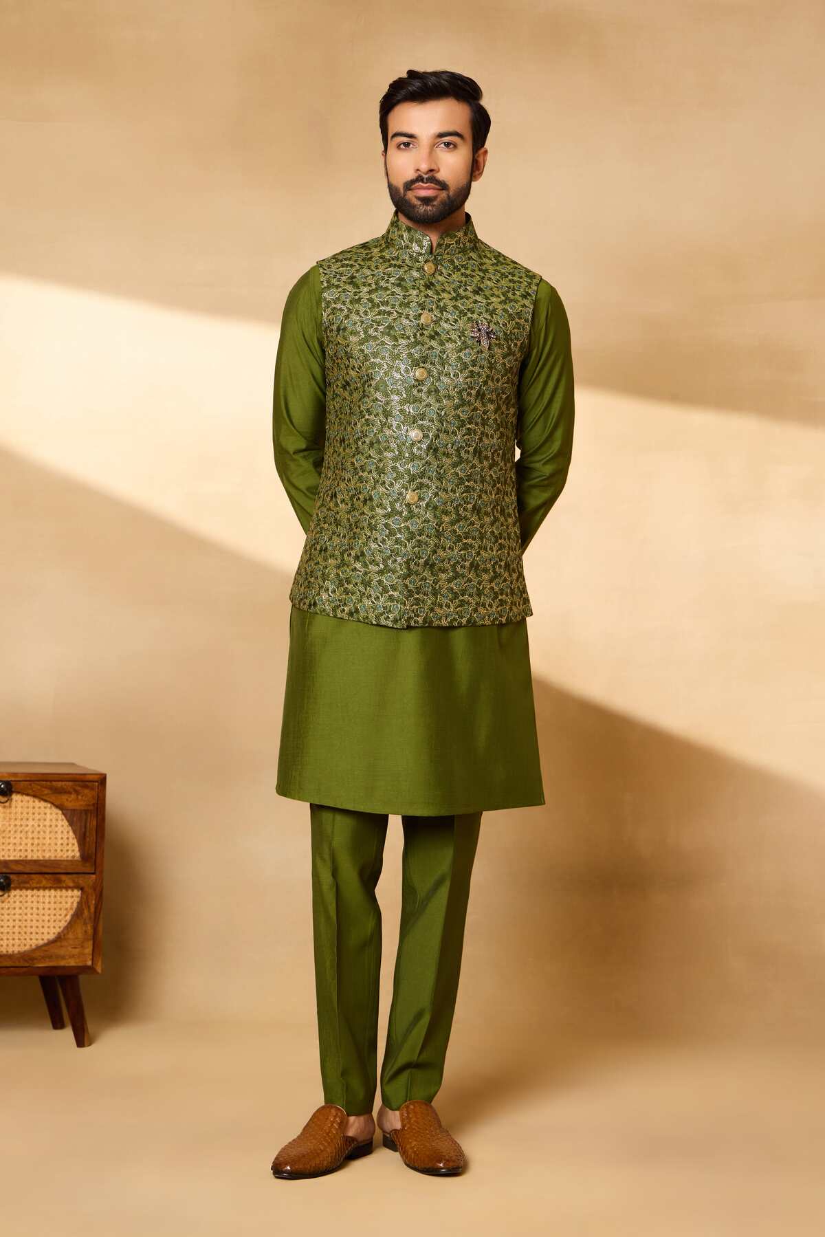 Mehandi Green Embroidered Nehru Jacket Set