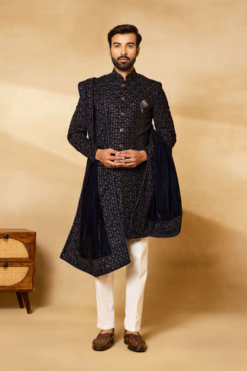 Navy Blue Velvet Embroidered Sherwani Set with Dupatta