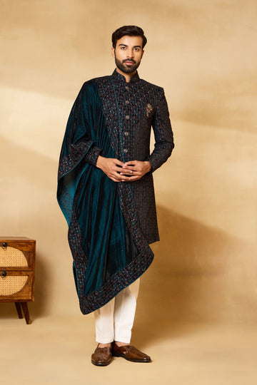 Ram Green Velvet Embroidered Sherwani Set with Dupatta