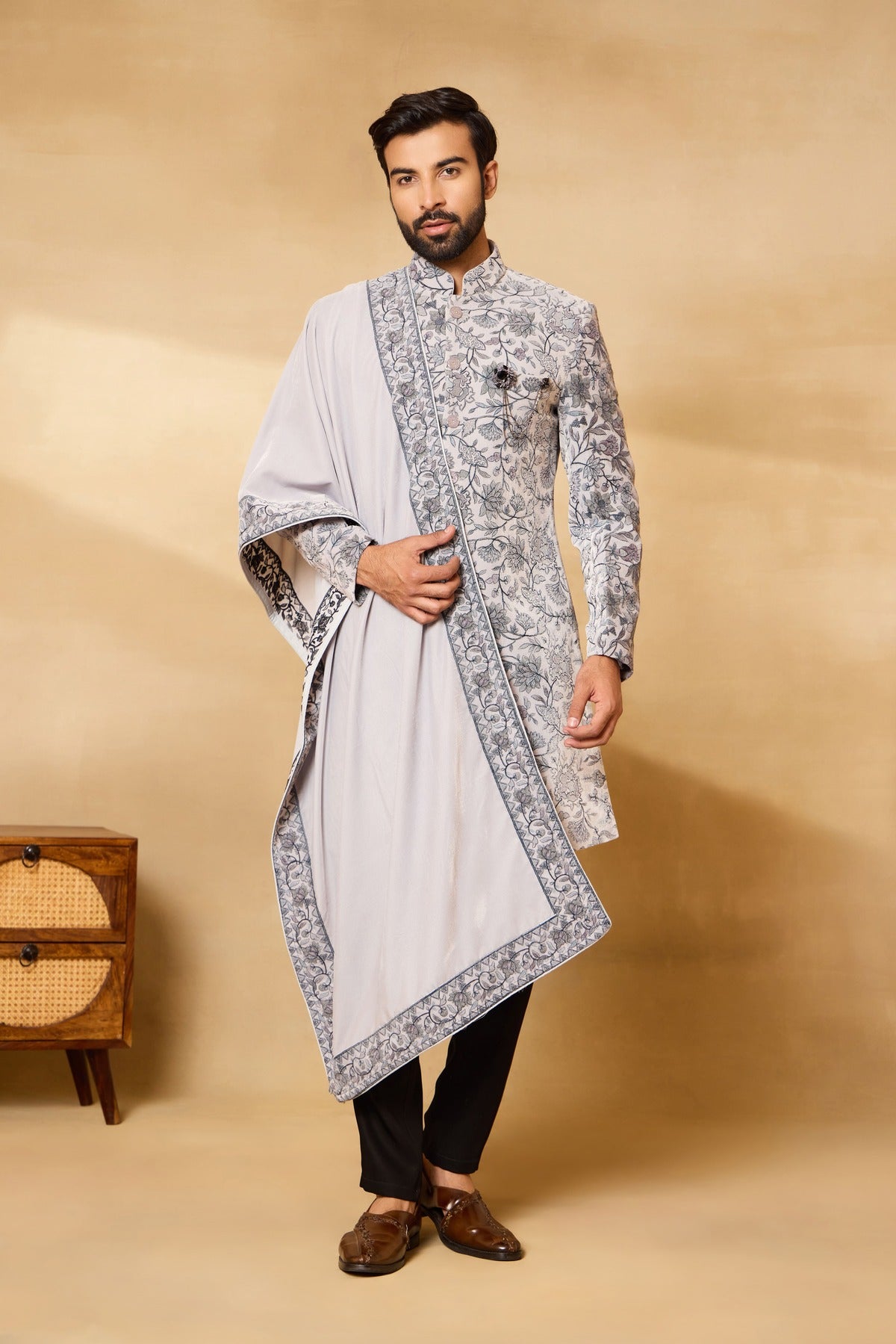 Grey Velvet Embroidered Sherwani Set with Dupatta