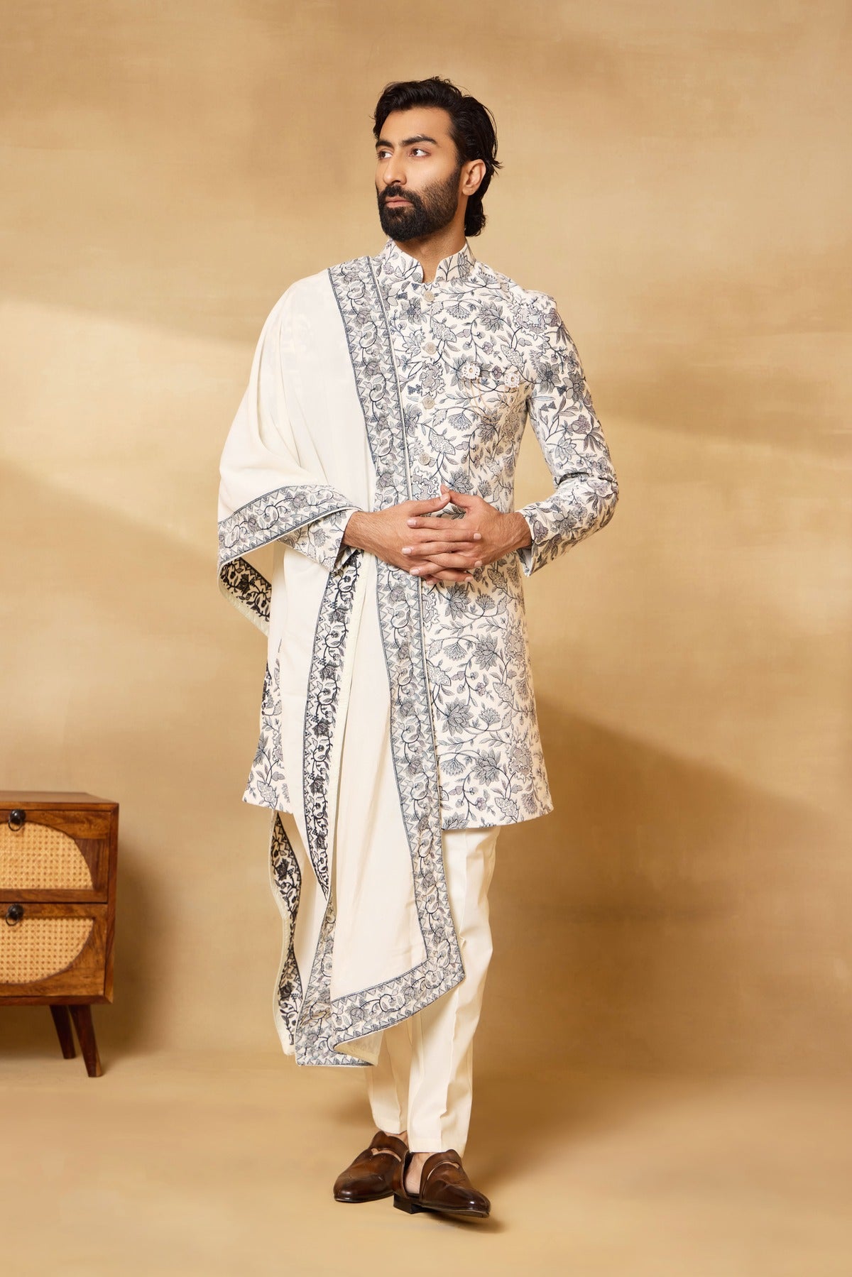 Cream Velvet Embroidered Sherwani Set with Dupatta