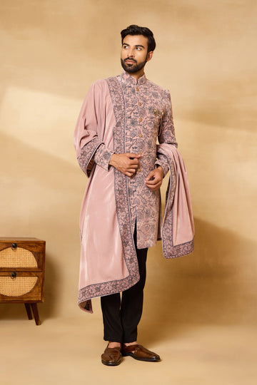 Pink Velvet Embroidered Sherwani Set with Dupatta