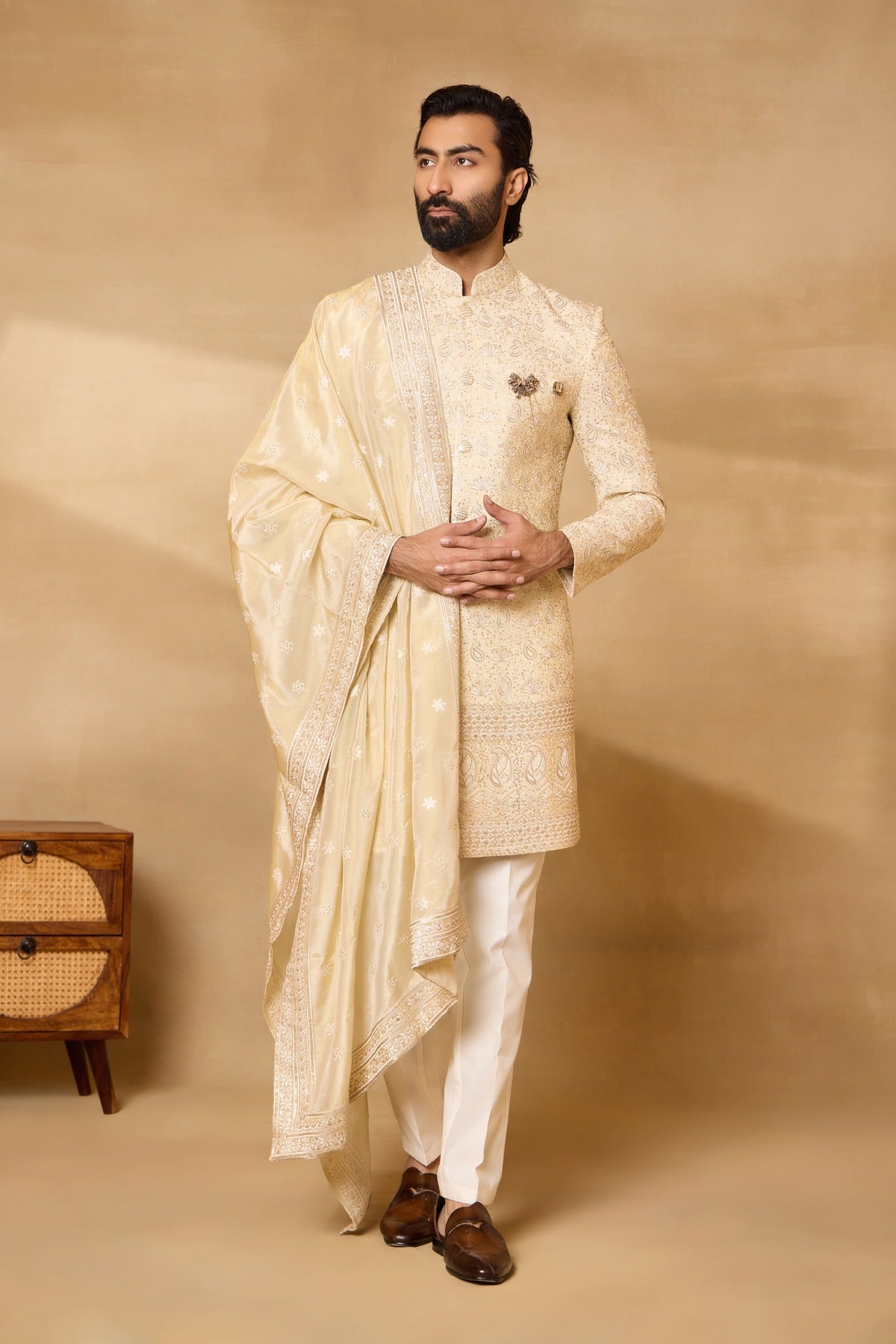 Gold Silk Embroidered Sherwani Set with Dupatta