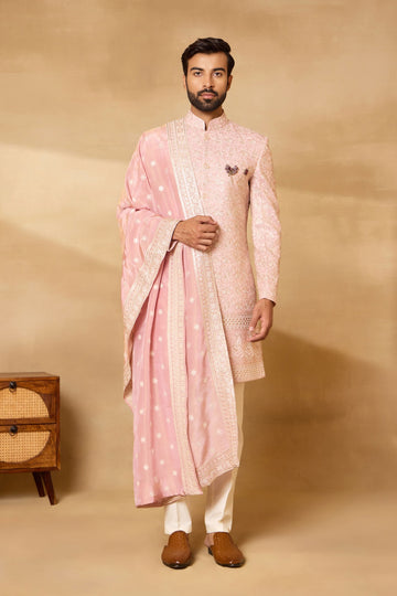 Pink Silk Embroidered Sherwani Set with Dupatta