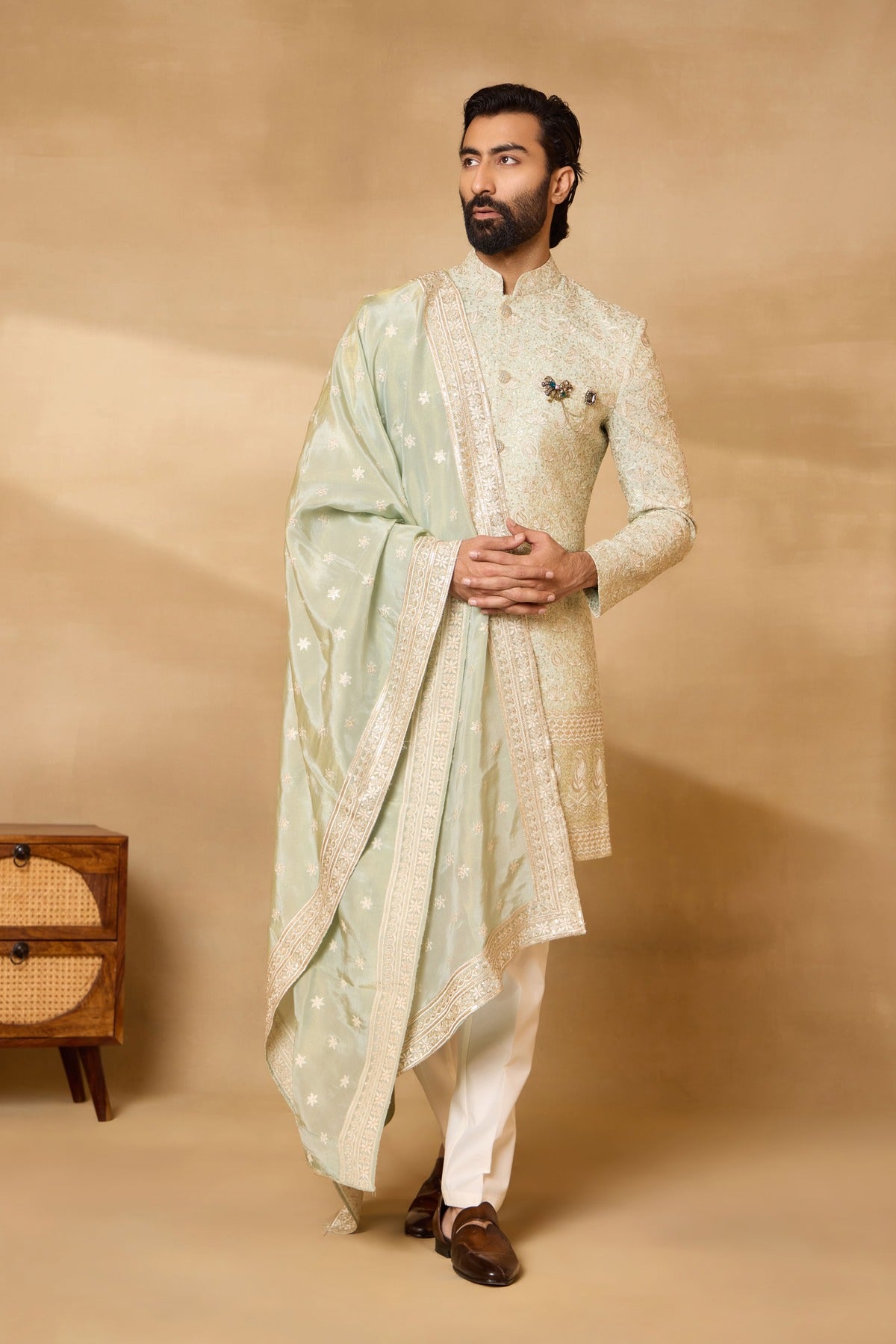 Pista Green Silk Embroidered Sherwani Set with Dupatta