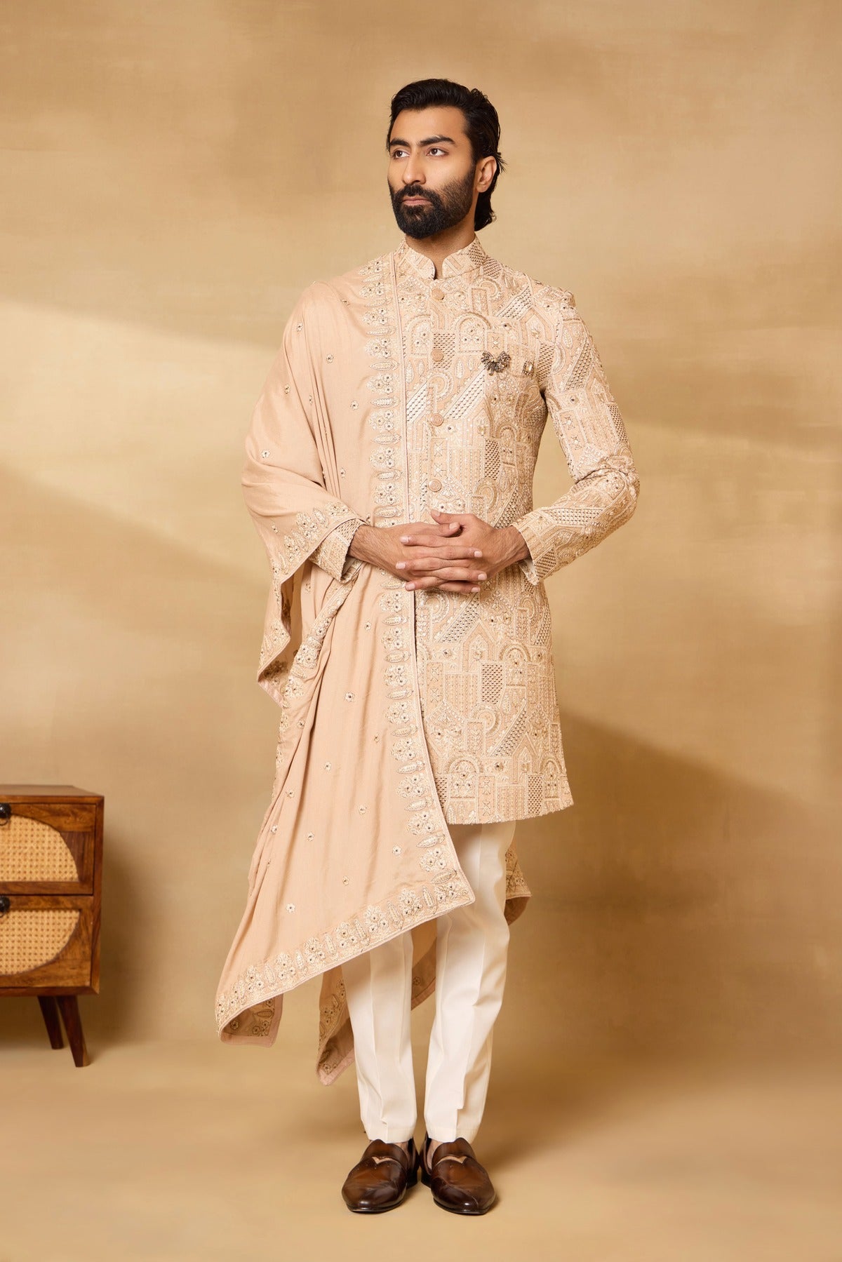 Peach Silk Embroidered Sherwani Set with Dupatta