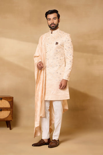 Peach Silk Embroidered Sherwani Set with Dupatta