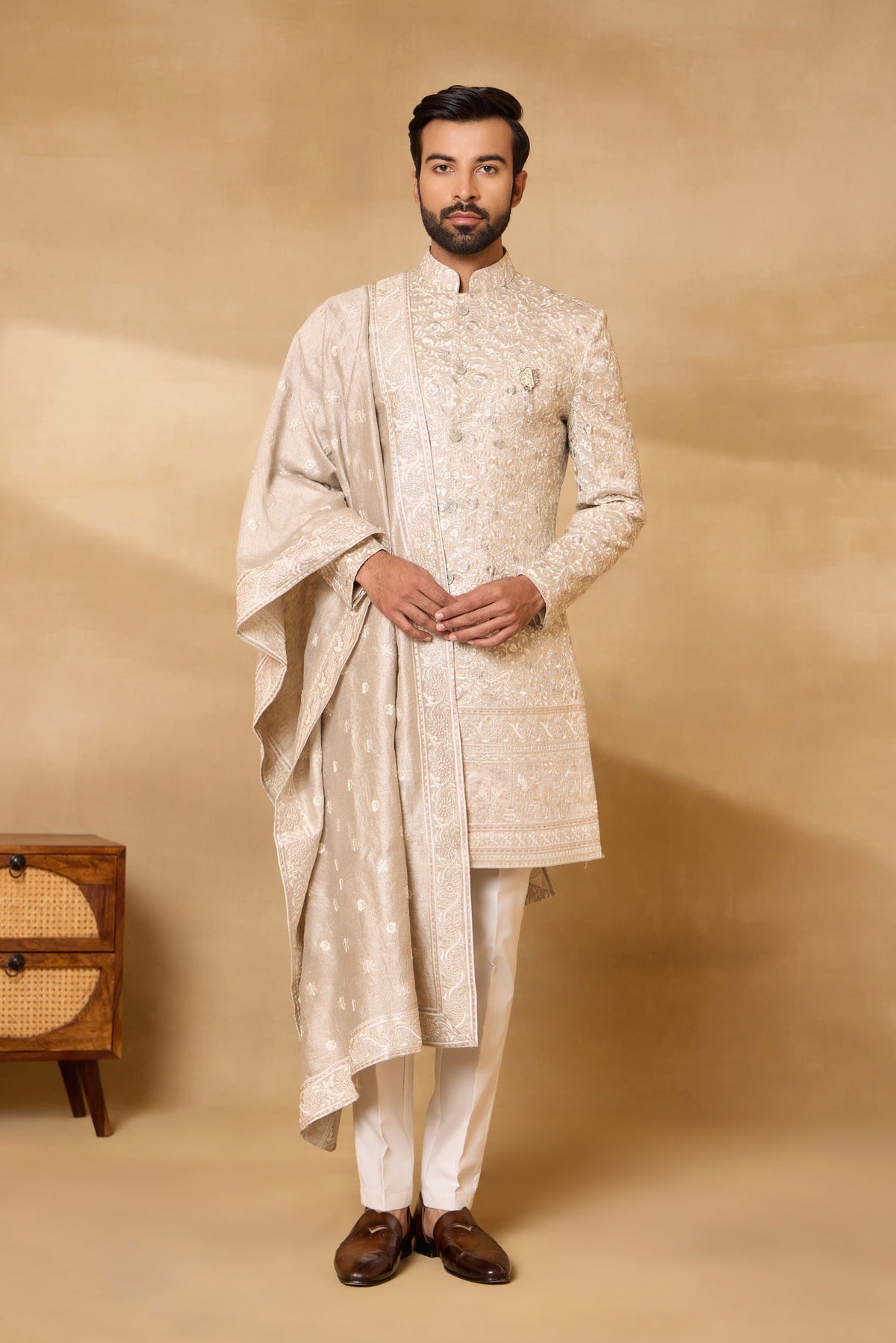 Grey Silk Embroidered Sherwani Set with Dupatta