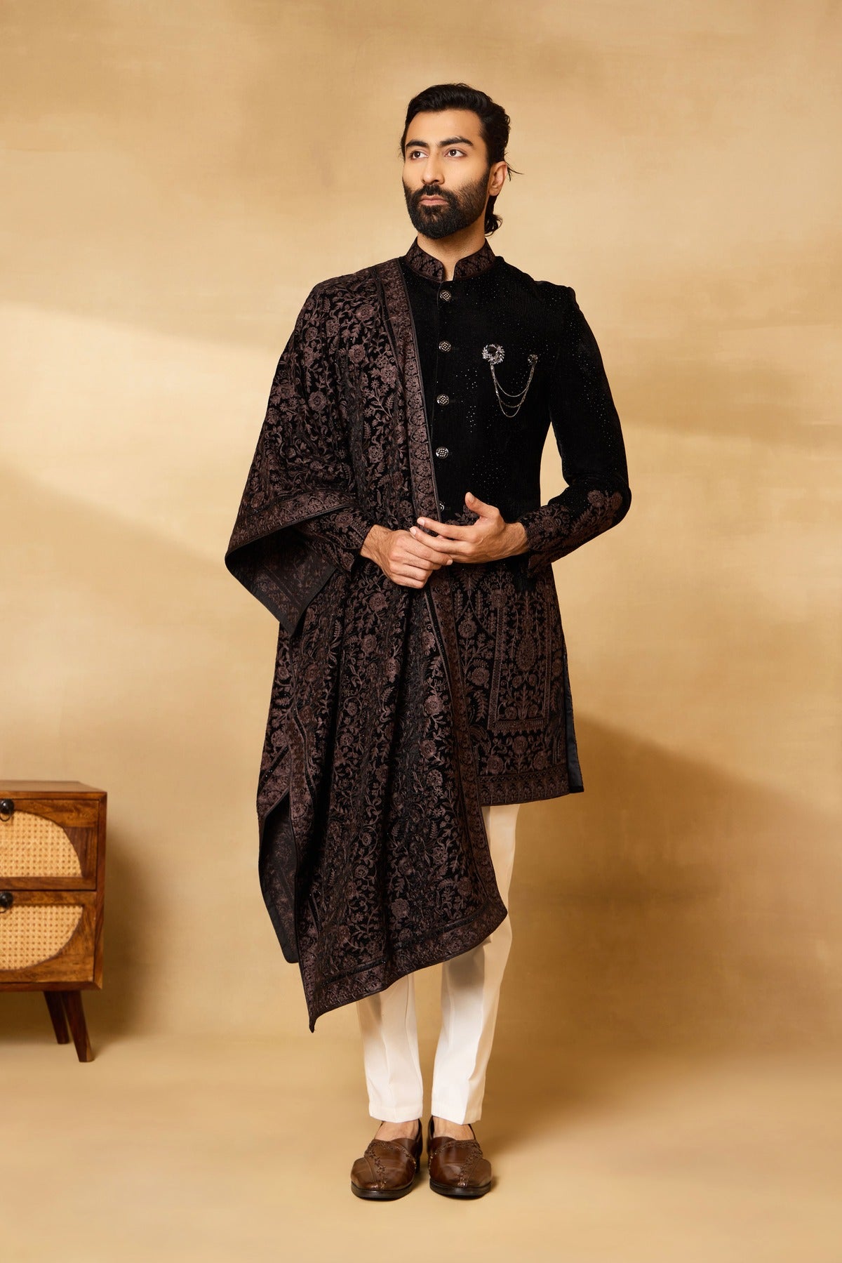 Black Velvet Stone Work Sherwani Set with Dupatta