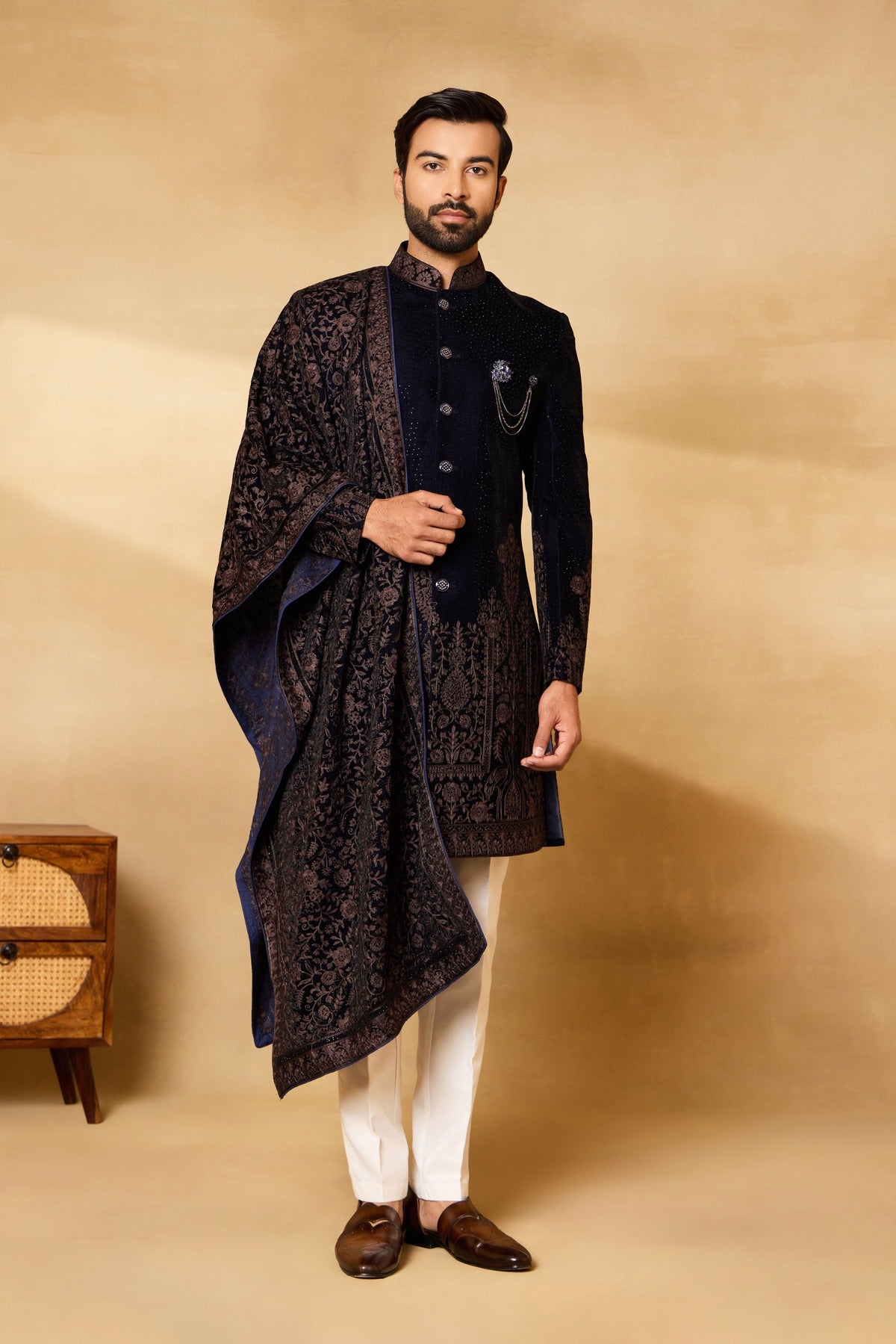 Navy Blue Velvet Stone Work Sherwani Set with Dupatta