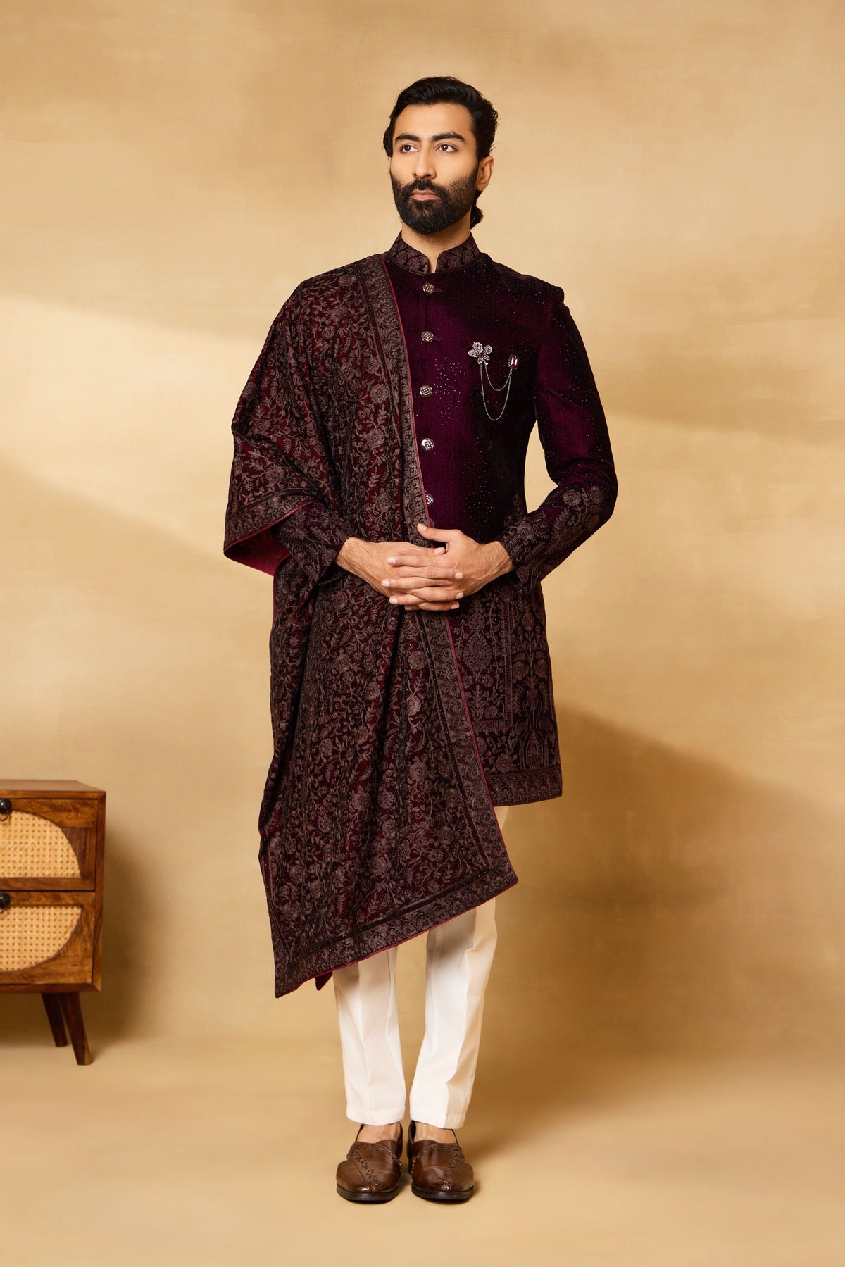 Wine Velvet Stone Work Sherwani Set with Dupatta