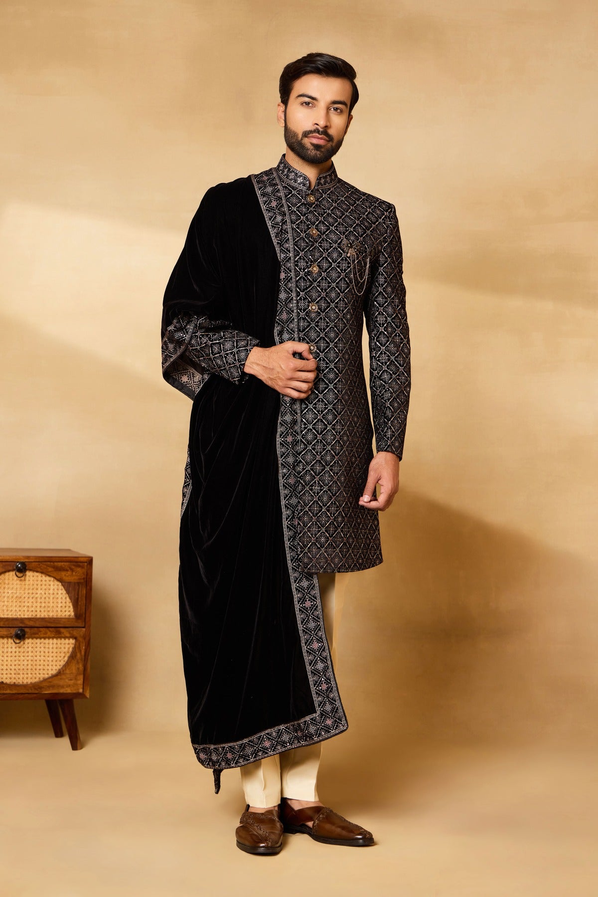 Black Velvet Embroidered Sherwani Set with Dupatta