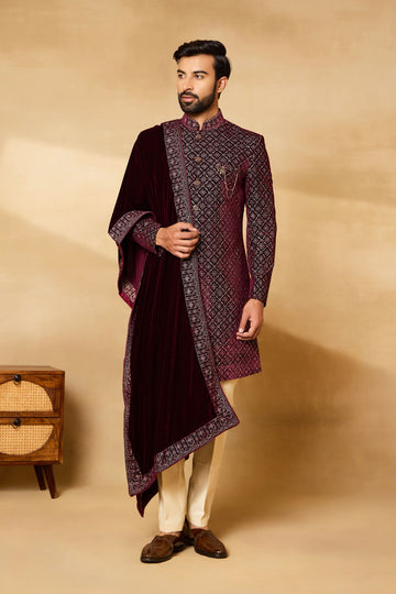 Mehroon Velvet Embroidered Sherwani Set with Dupatta