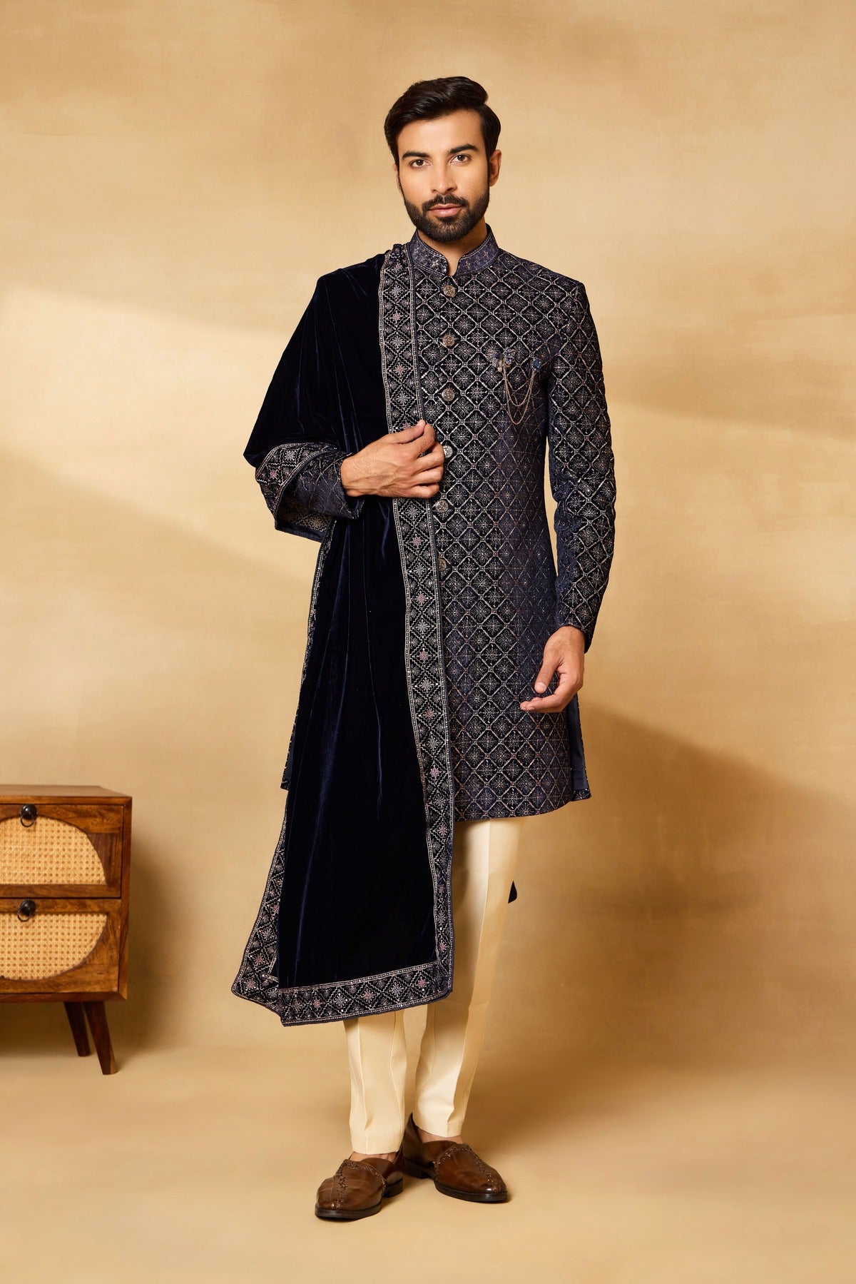 Navy Blue Velvet Embroidered Sherwani Set with Dupatta