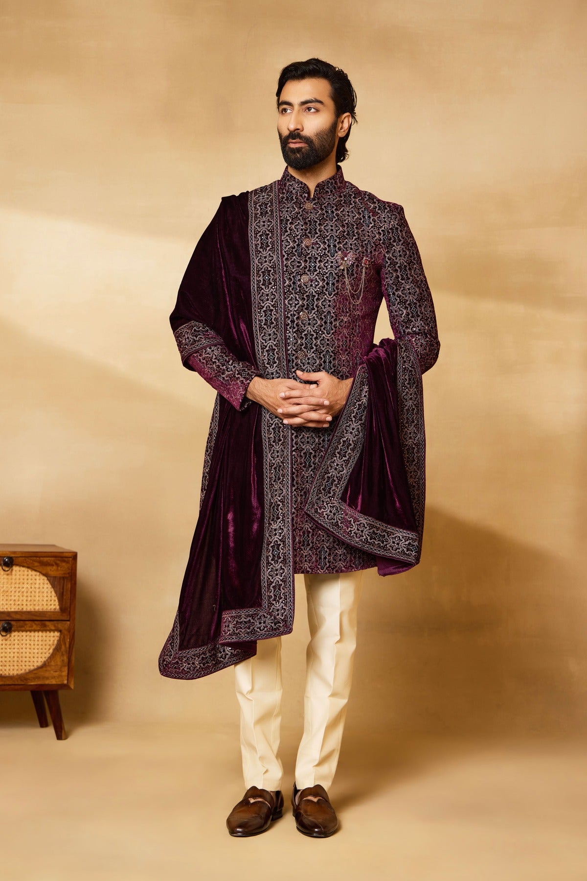 Wine Velvet Embroidered Sherwani Set with Dupatta