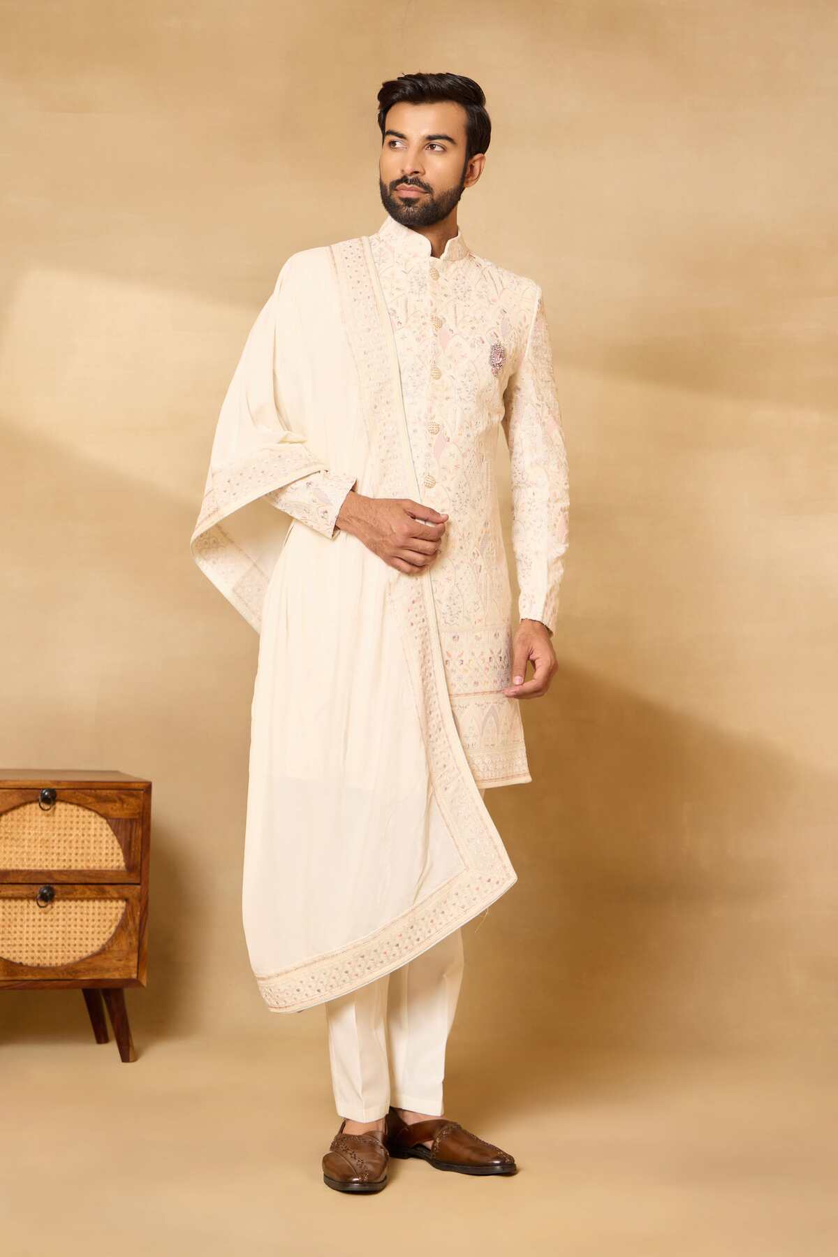 Cream Velvet Embroidered Sherwani Set with Dupatta