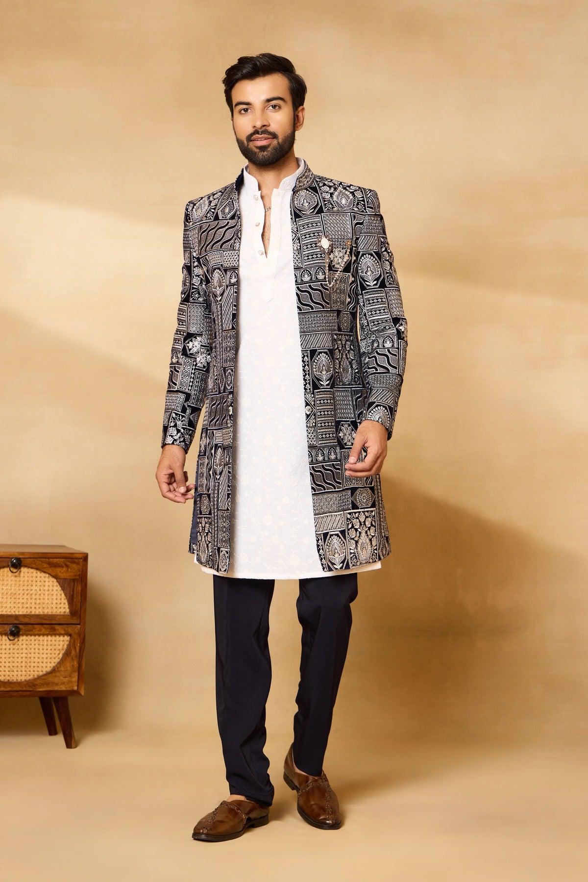 Navy Blue Velvet Embroidered Front Open Sherwani Set