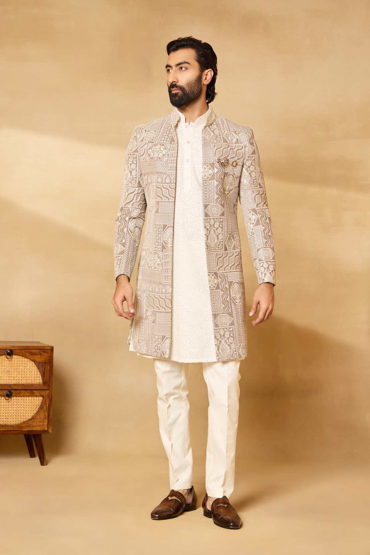 Natural Grey Velvet Embroidered Front Open Sherwani Set