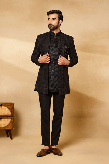 Black Embroidered Short Jacket Set for Men