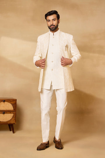 Cream Embroidered Short Jacket Set for Men