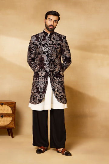 Black Velvet Embroidered Sherwani Set with Anarkali Kurta