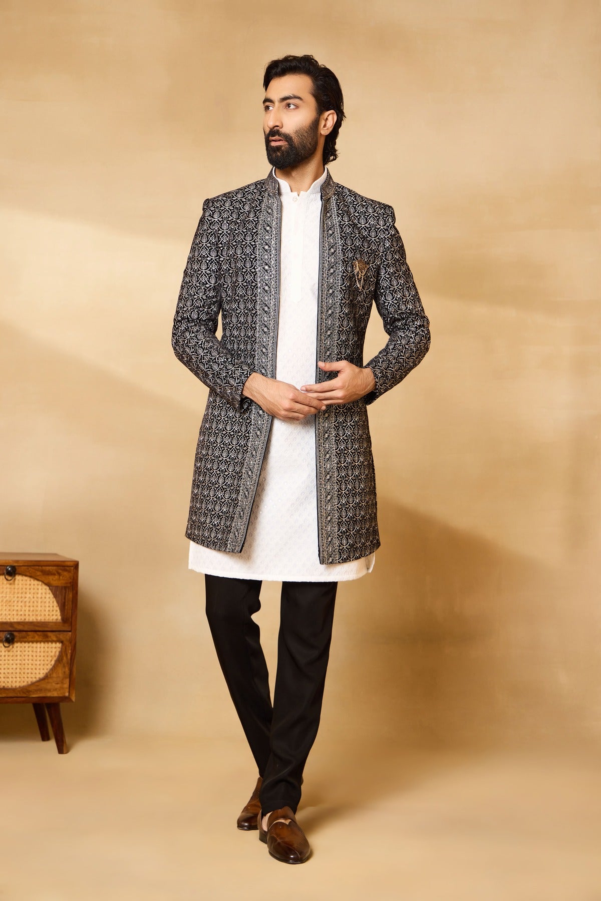 Black Front Open Long Jacket Set with Chikan Kurta