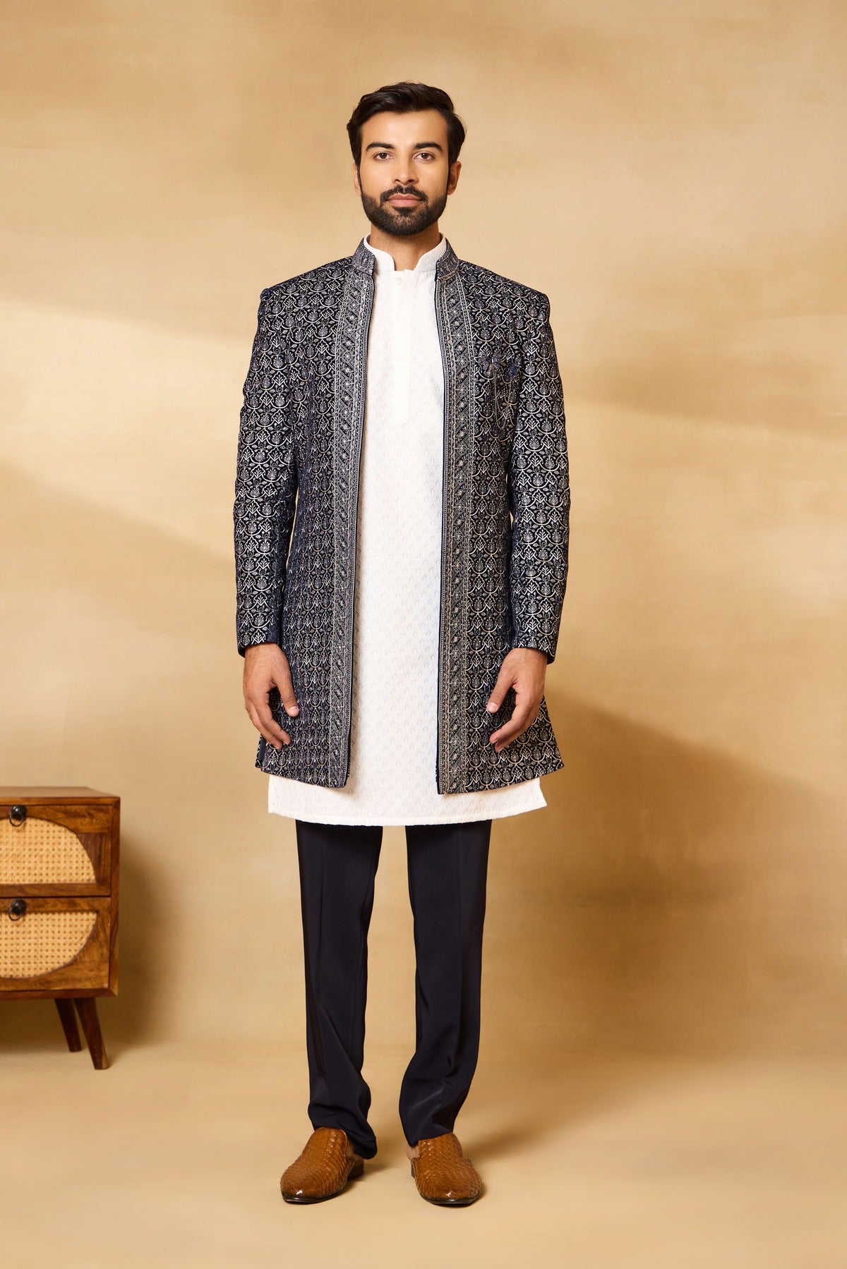 Navy Blue Front Open Long Jacket Set with Chikan Kurta