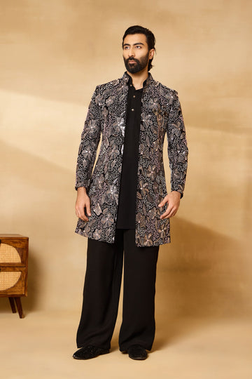 Black Cutdana Work Long Jacket Set with Heavy Embroidery for Men