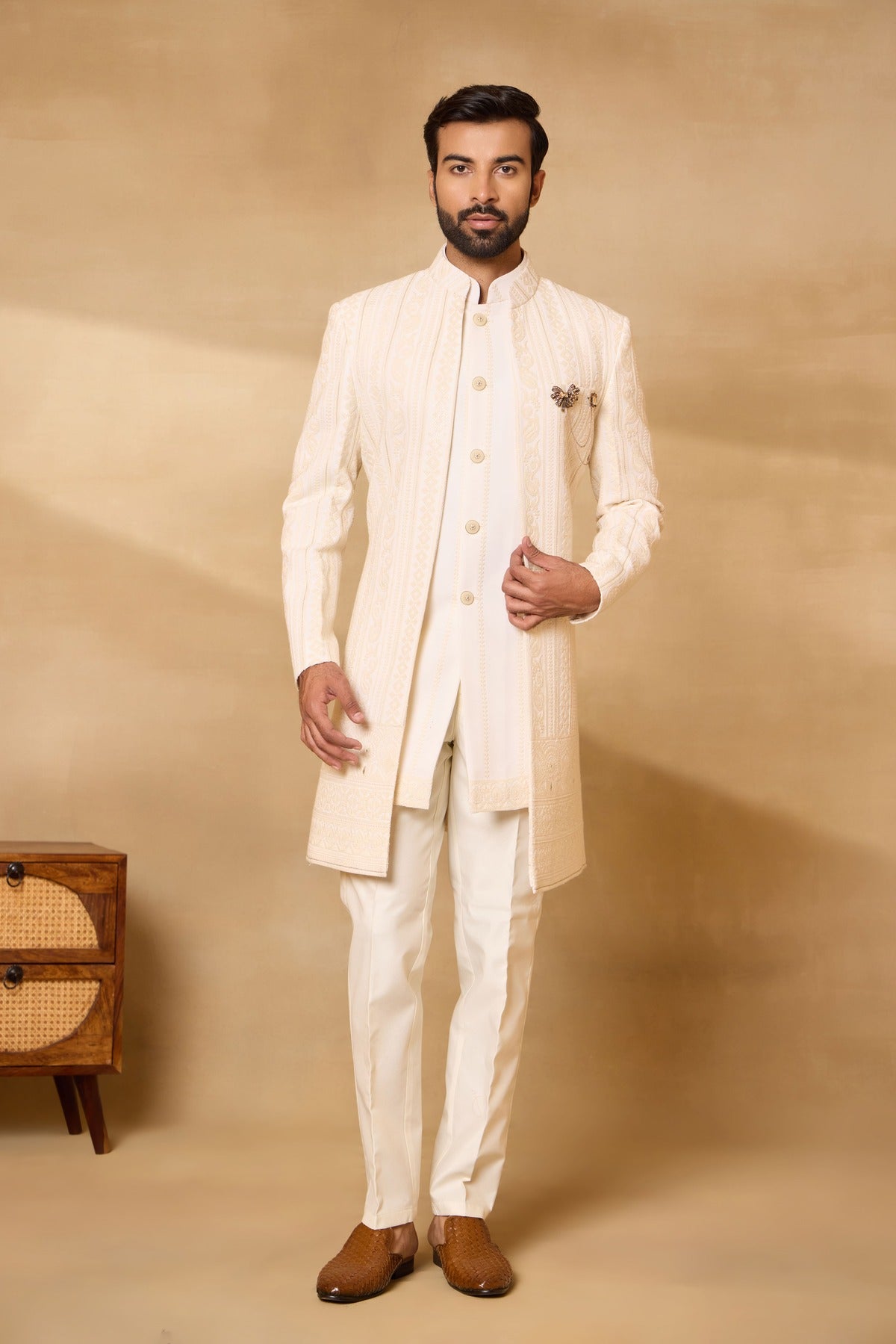 Cream Georgette Embroidered Front Open Sherwani Set with Long Jacket Inside