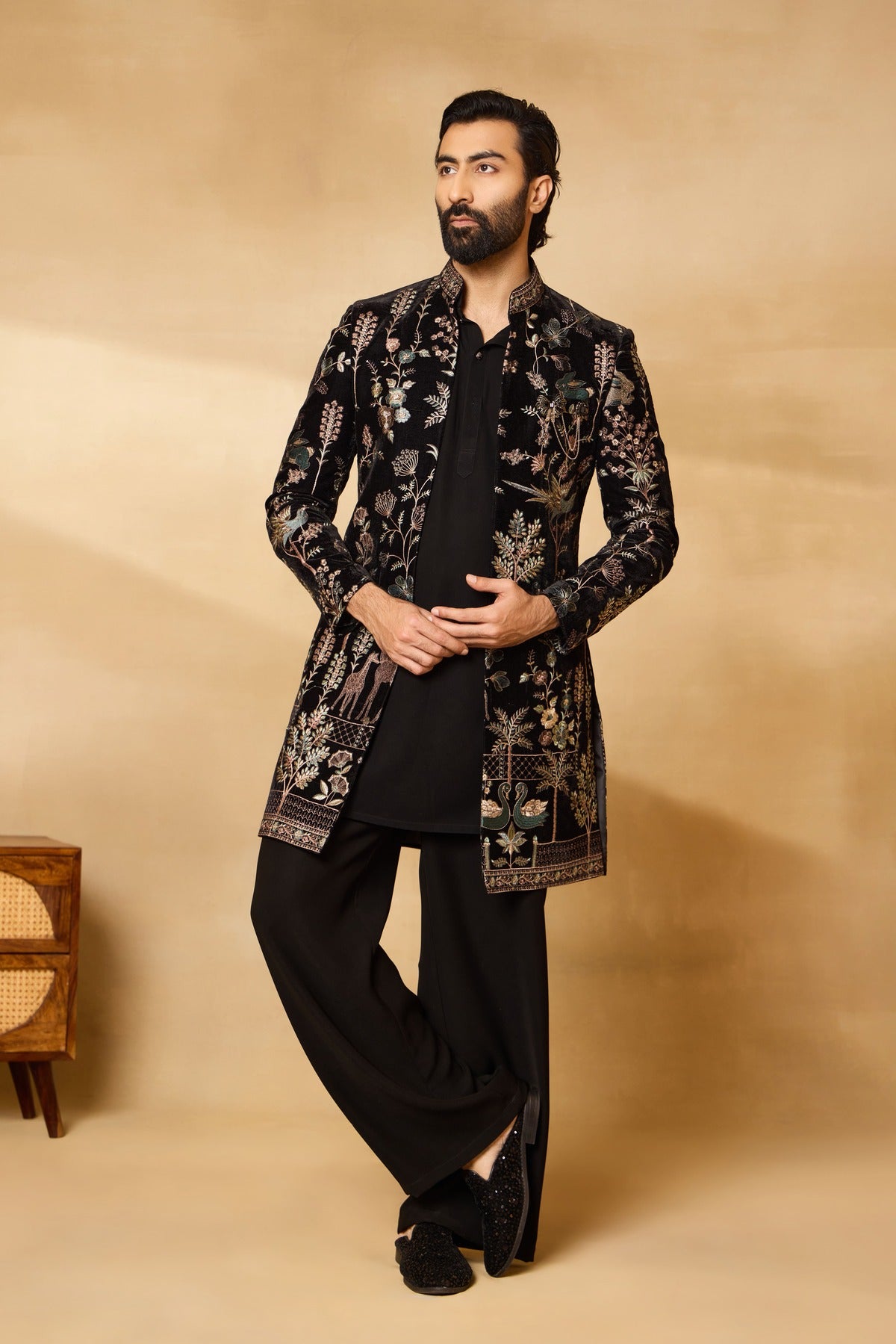 Black Embroidered Long Jacket Set for Men