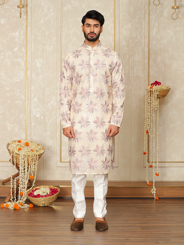 Fawn Georgette Embroidered Kurta Set for Men