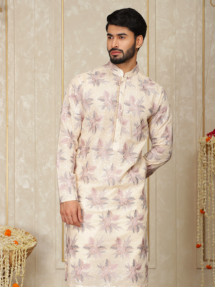 Fawn Georgette Embroidered Kurta Set for Men